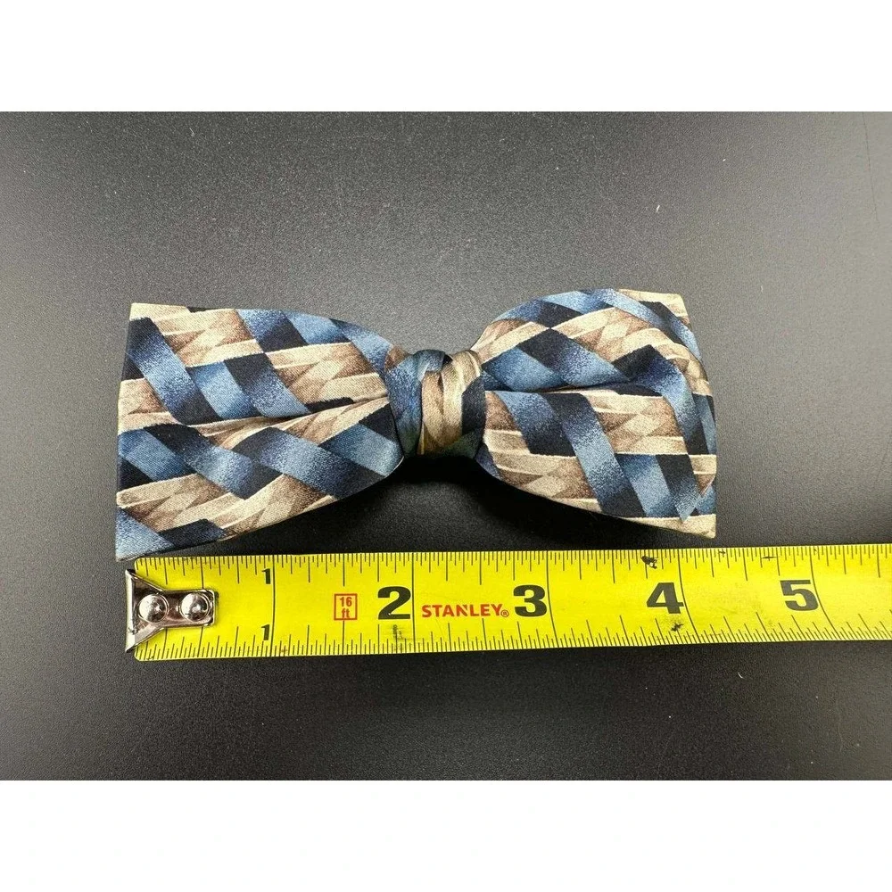 Royal Rust Vintage Clip On Bow Tie Blue Tan‎ Geometric Basketweave 054 (71)